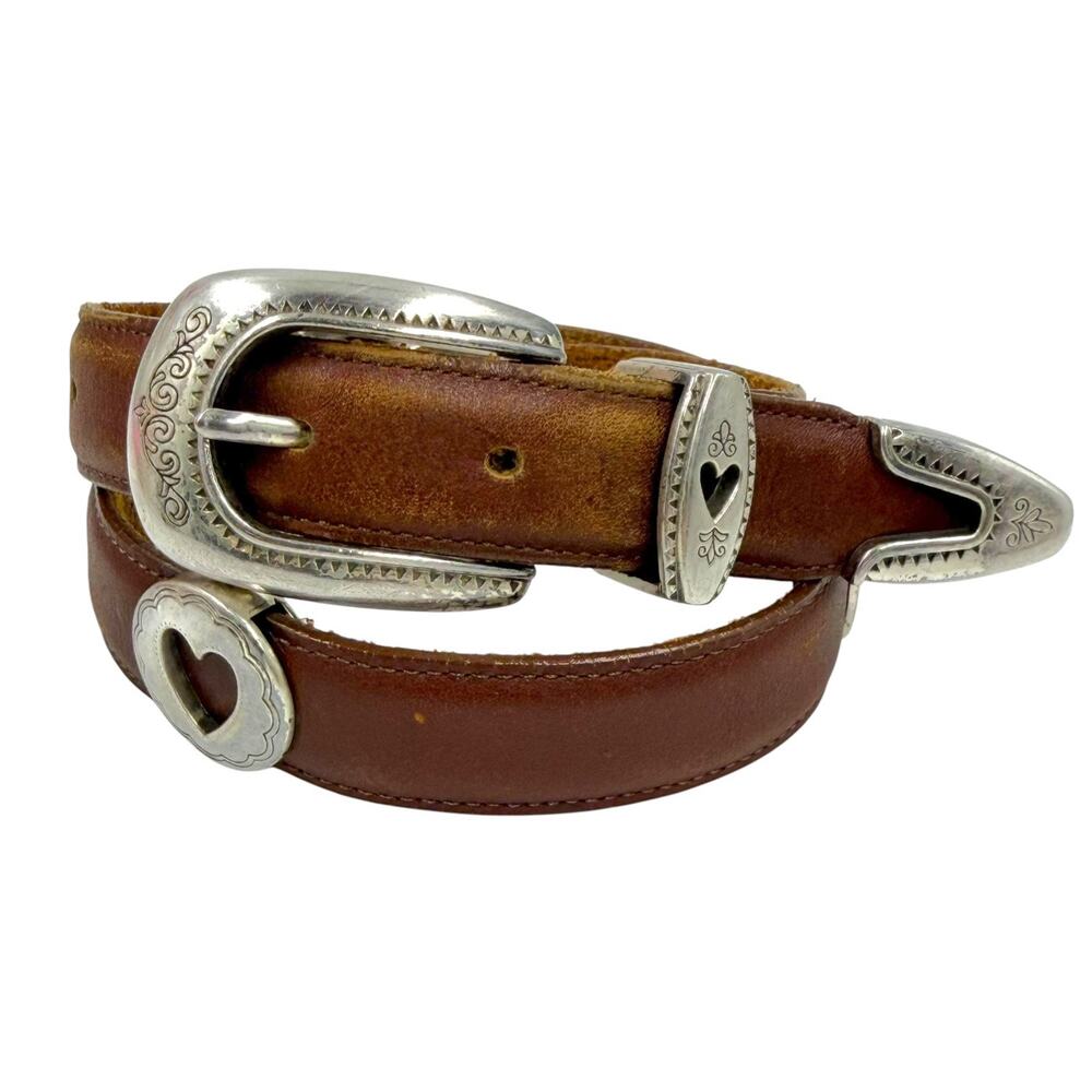 Vtg Brighton Kids Brown Leather Heart Concho Western Belt Silver M/25 Womens XXS